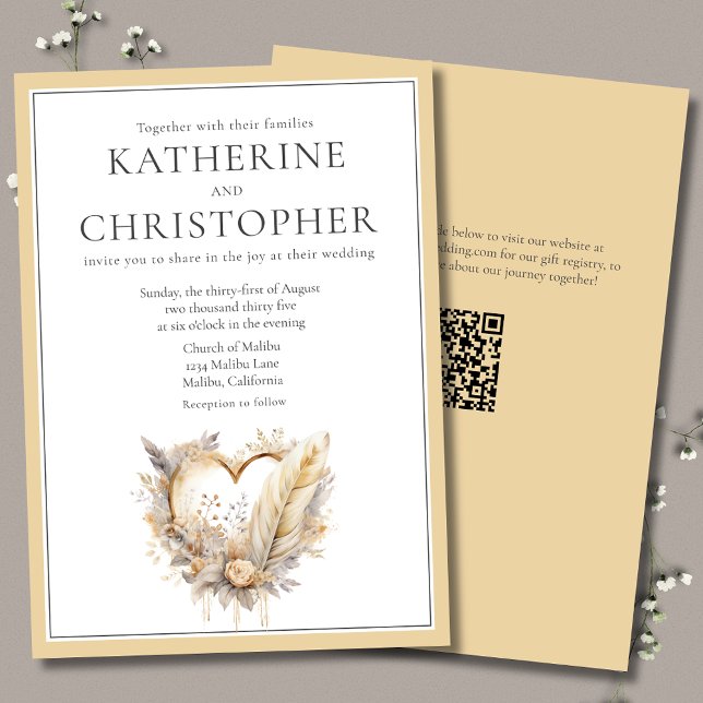 Invitation Boho Neutre Plumes florales Mariage de couronne ca (Boho Neutral Wedding Invitation with Heart Wreath, Feathers and Flowers, modern typography.)