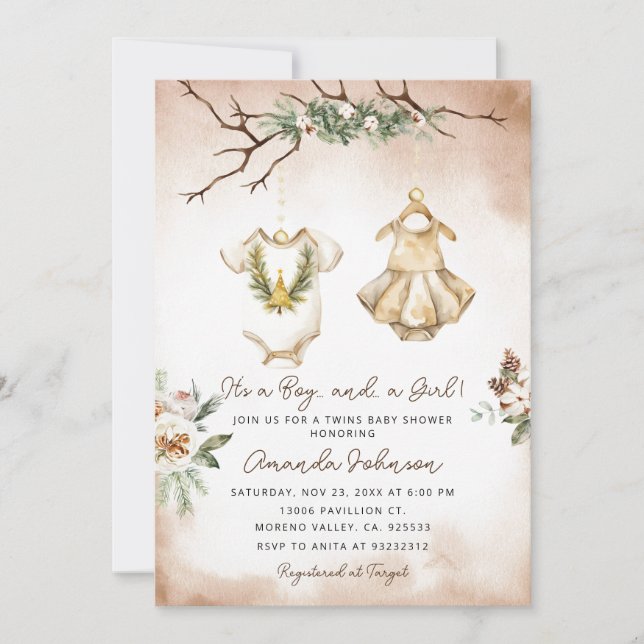 Invitation Boho Noël Twin Baby shower de vêtements bébé (Devant)