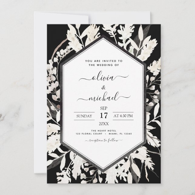Invitation Boho Noir Beige Mariage Botanique (Devant)