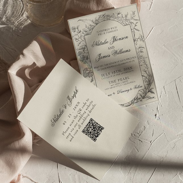 Invitation Boho Noir Crème Floral Botanique Code QR Mariage (Créateur téléchargé)