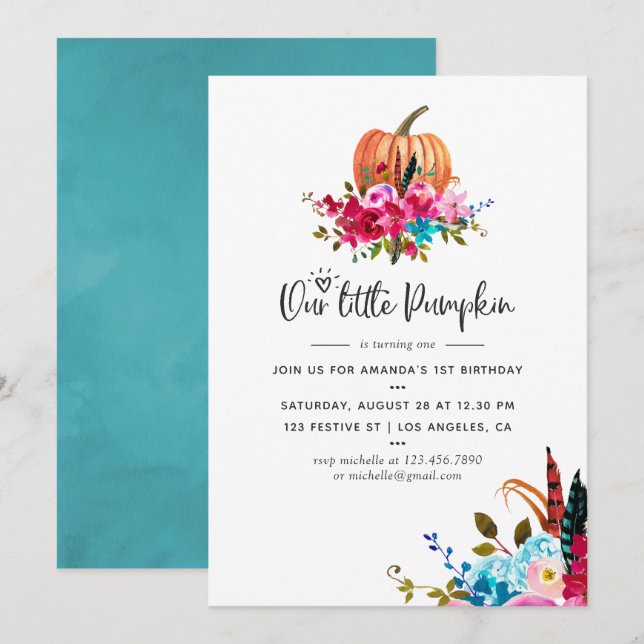 Invitation Boho Notre petite citrouille Fête d'anniversaire p (Devant / Derrière)