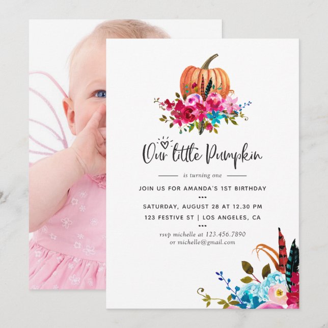 Invitation Boho Notre petite citrouille Fête d'anniversaire p (Devant / Derrière)