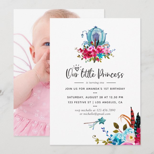 Invitation Boho Notre petite princesse Fête d'anniversaire de (Devant / Derrière)