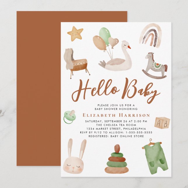 Invitation Boho Nursery Aquarelle Baby shower en terre cuite (Devant / Derrière)