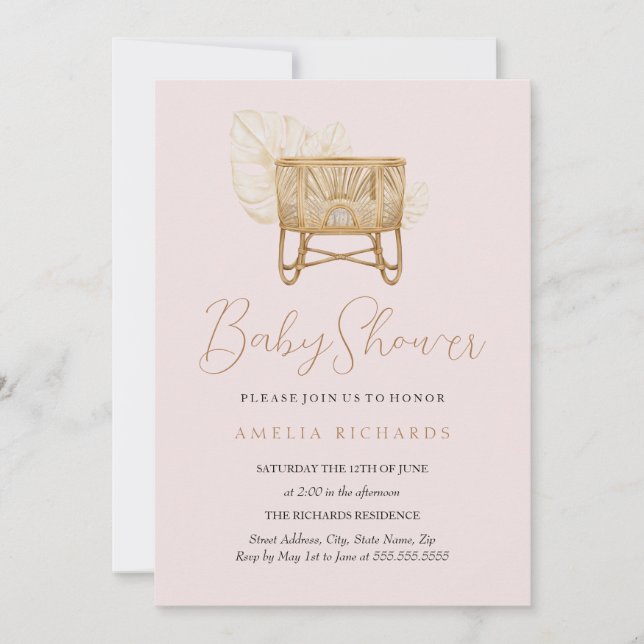 Invitation Boho Nursery Bassinet Baby shower rose (Devant)