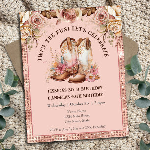 Invitation Boho Occidental Rose Floral Cowgirl Double Anniver