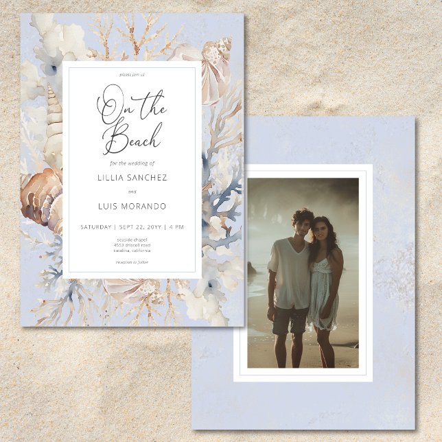 Invitation Boho Ocean Dusty Blue On the Beach Photo Mariage (Créateur téléchargé)