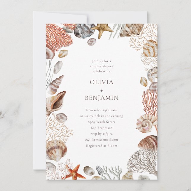 Invitation Boho Ocean Seashells Coral Beach Couples Douche (Devant)