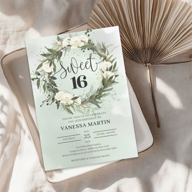 Invitation Boho Olive wreath blanc roses Sweet sixteen (Boho Olive wreath white roses Sweet sixteen Invitation)