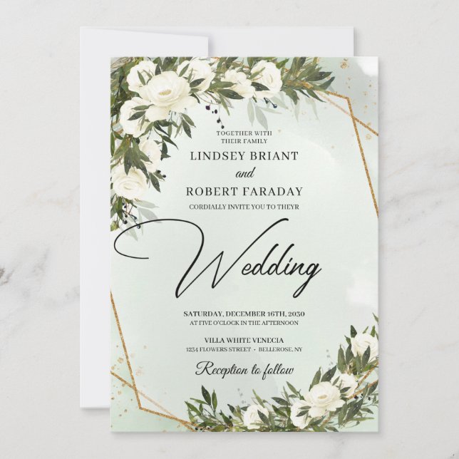 Invitation Boho oliveraie roses blanches cadre or mariage (Devant)