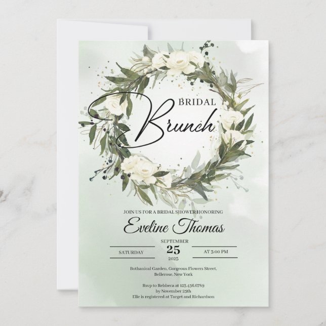 Invitation Boho Olivier feuillage blanc roses or brunch nupti (Devant)