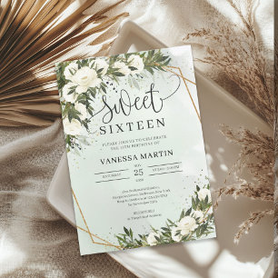 Invitation Boho Olivier feuillage blanc roses Sweet sixteen