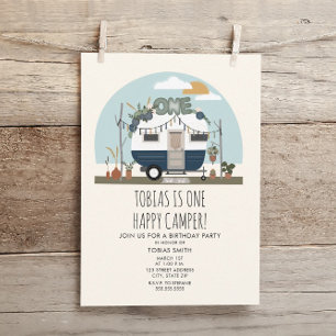 Invitation Boho One Happy Camper 1er Anniversaire Party Blue