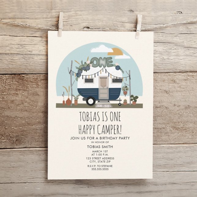 Invitation Boho One Happy Camper 1er Anniversaire Party Blue (Créateur téléchargé)