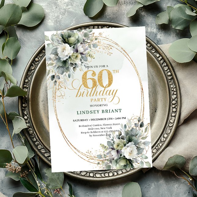 Invitation Boho Or Boho Gold pour 60e Anniversaire (Dusty Green 60th Birthday Boho Gold Invite

)