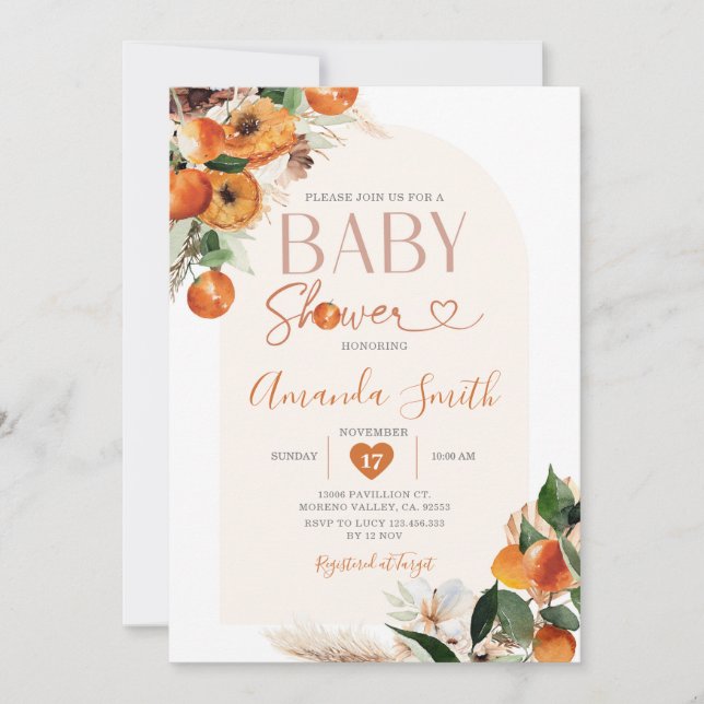 Invitation Boho Orange Baby shower Été Tropical Floral (Devant)