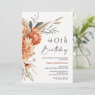 Invitation Boho Orange Beige Floral 40e anniversaire