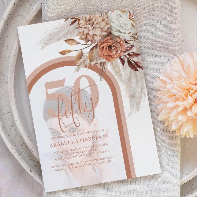 Invitation Boho Orange Brûlé Floral 50e Anniversaire Photo (Créateur téléchargé)