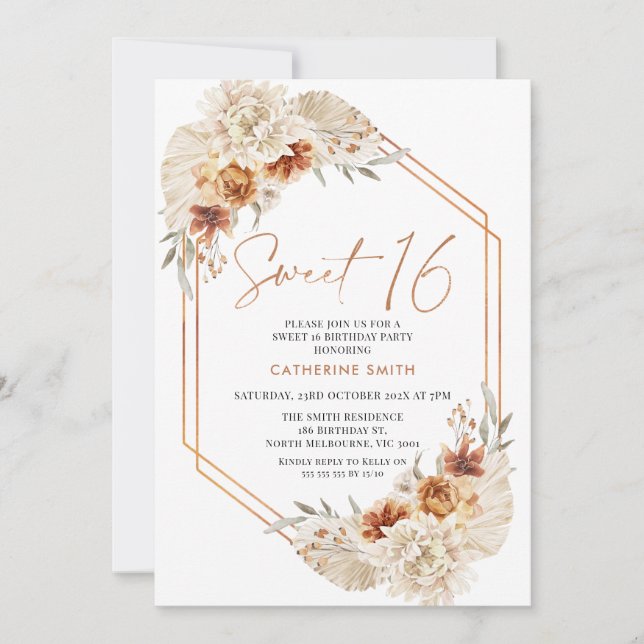 Invitation Boho Orange Brûlé Floral Sweet 16 Anniversaire (Devant)