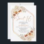 Invitation Boho Orange Brûlé Floral Sweet 16 Anniversaire<br><div class="desc">Burnt Orange Boho Floral Sweet 16 Anniversaire Invitation Bohemian inspiré douce invitation de 16 ans avec un orange brûlé et deux arrangements floraux de couleur beige et une image de calligraphie moderne comme une tête dans une texture fausse or. Cette invitation d'anniversaire de sweet sixteen est idéale pour toute personne...</div>