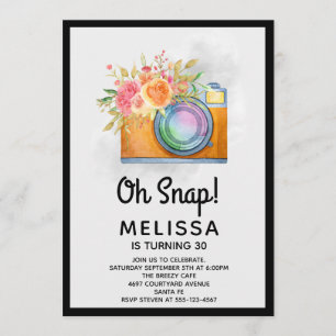 Invitation Boho Orange Camera & Fleurs Aquarelle Anniversaire
