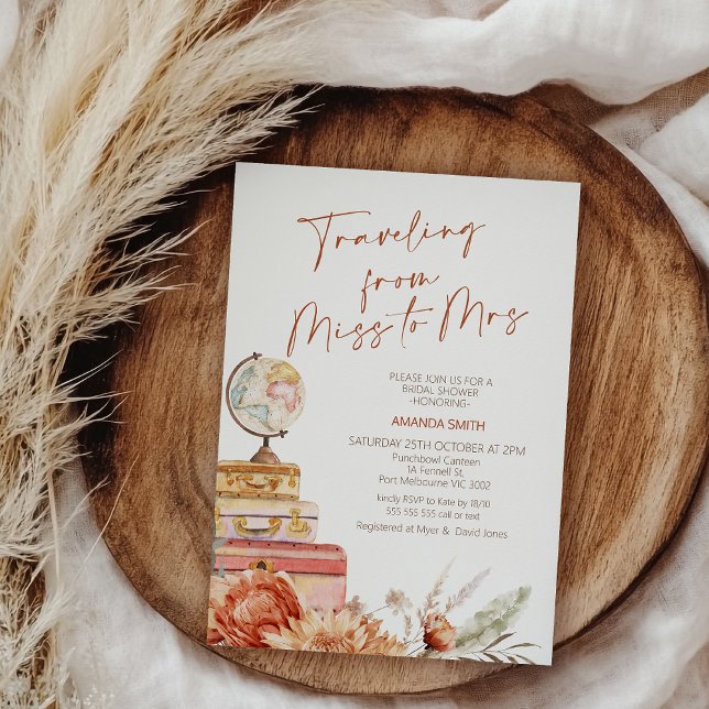 Invitation Boho Orange Fall Traveling Mlle Mme Fête des marié (Fall Traveling for Miss To Mrs Bridal Shower Invitation Template, Miss To Mrs Invitation Autumn)
