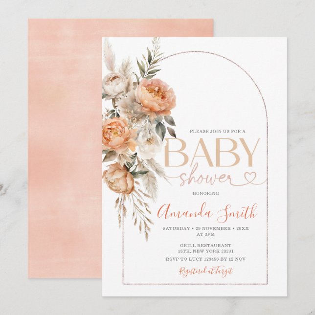 Invitation Boho Orange Fleurs Fille Baby shower Pampas Grass (Devant / Derrière)