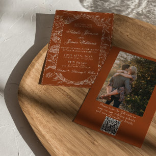 Invitation Boho Orange Floral Brûlé Code QR Photo Mariage