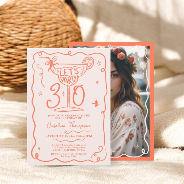 Invitation Boho orange ironique gribouillis fantaisie 30 ans (Boho orange quirky whimsical scribbles 30 birthday invitation)