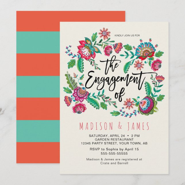 Invitation Boho Orange & Turquoise rayure Floral Engagement (Devant / Derrière)