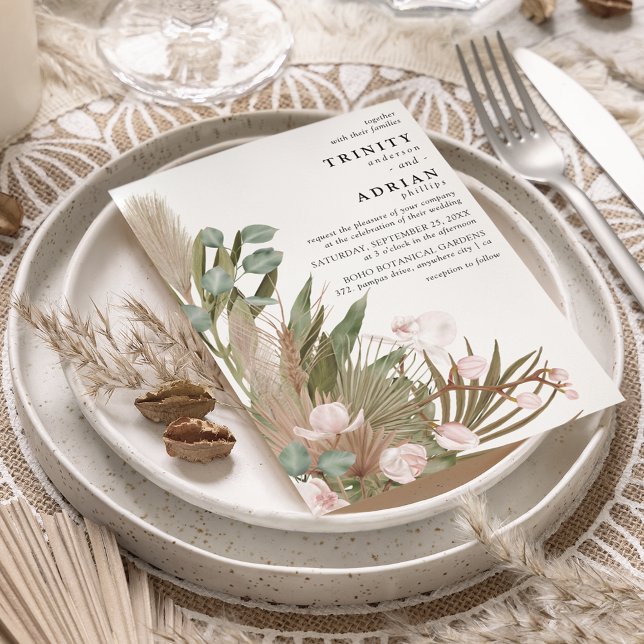 Invitation Boho Orchidées roses Feuilles séchés avec Mariage  (Créateur téléchargé)