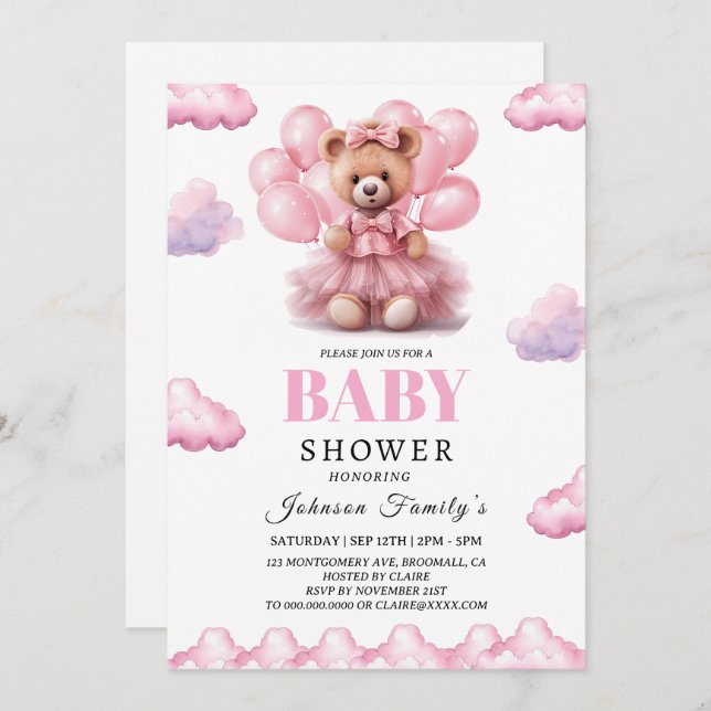Invitation Boho ours bébé fille rose Baby-shower (Devant / Derrière)