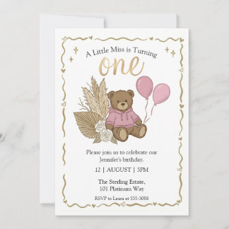 Invitation Boho Ours en Peluche Marron Ballons Roses Annivers