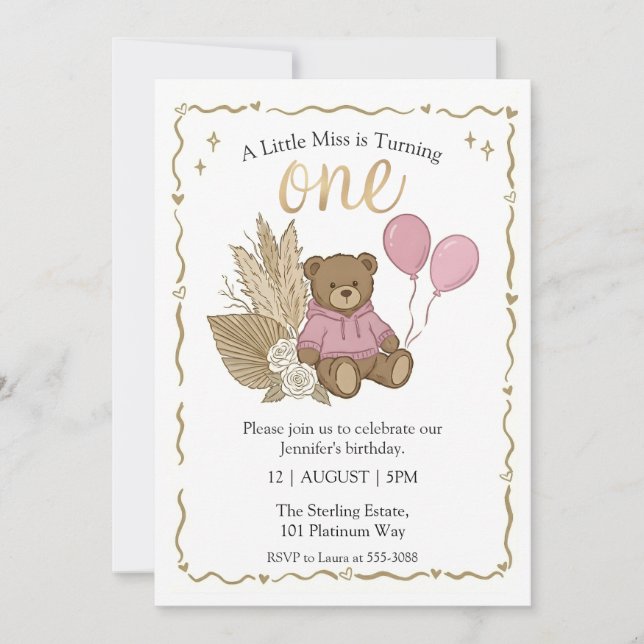 Invitation Boho Ours en Peluche Marron Ballons Roses Annivers (Devant)
