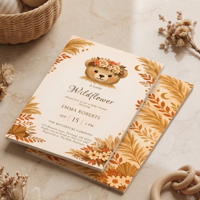 Invitation Boho Ours Fleur Sauvage Automne Herbe des Pampas (Boho Wildflower Bear Autumn Pampas Grass Invitation)