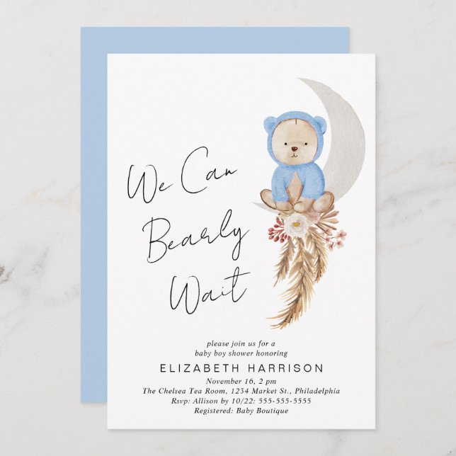 Invitation Boho Ours Nous Pouvons Attendre Baby Boy Douche (Devant / Derrière)