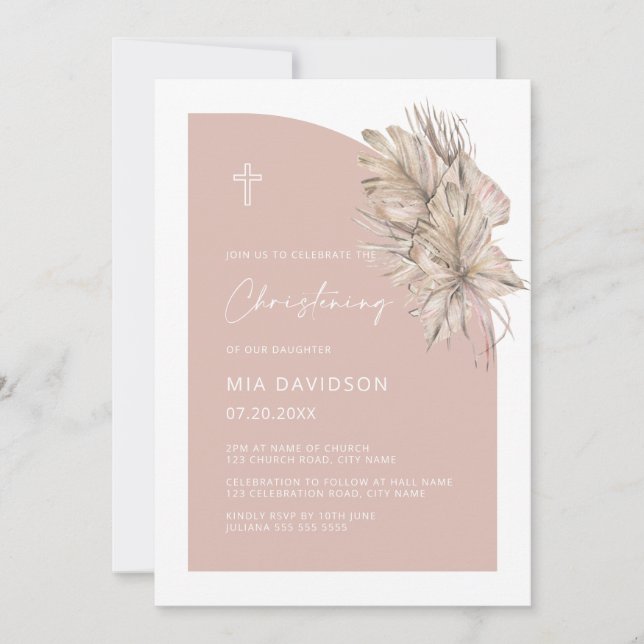 Invitation  Boho Palm Demi Arc Blush Rose fille Christening  (Devant)