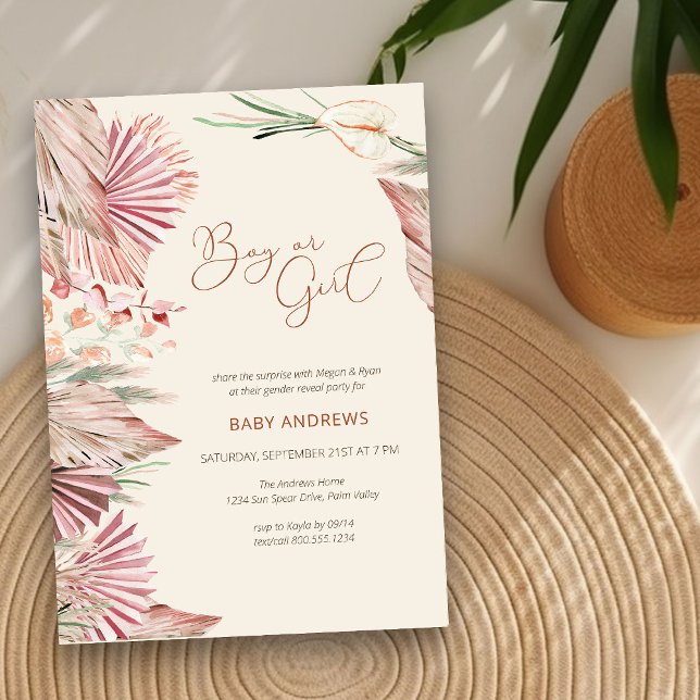 Invitation Boho Palm Feuillage Tropical Séché Révélation du S (Neutral Gender Reveal Invitation with boho palm leaves)