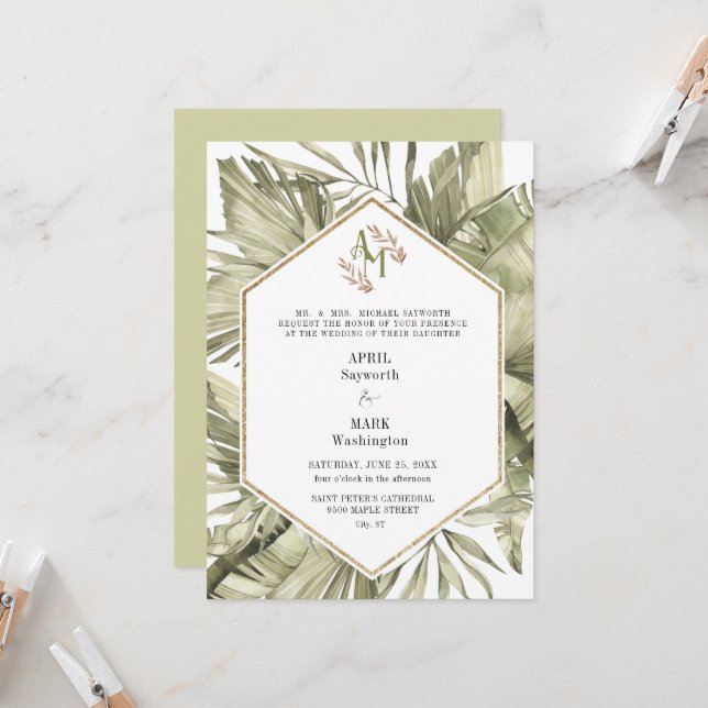 Invitation Boho Palm Feuille de verdure Monogramme Mariage (Devant/Arrière en situation)