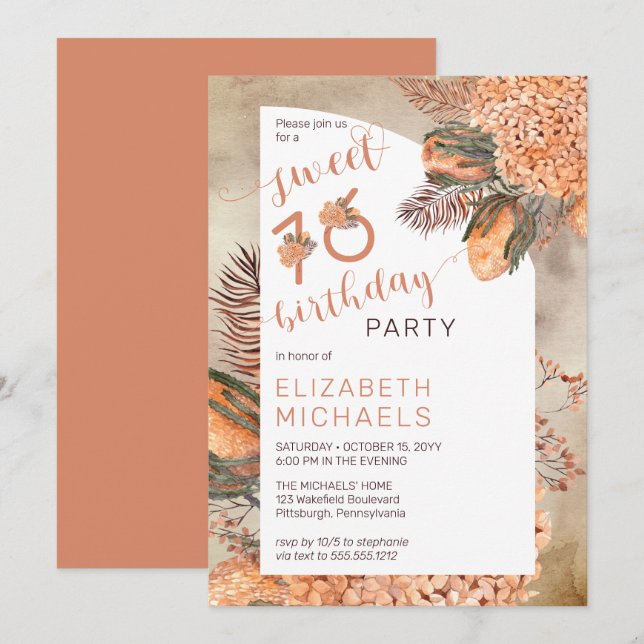 Invitation Boho Palm Feuilles Hydrangea Sweet 16 Anniversaire (Devant / Derrière)