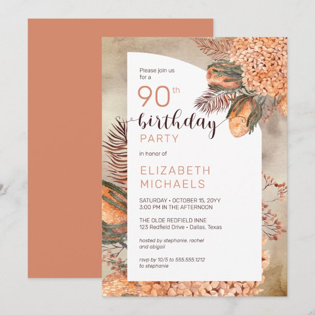 Invitation Boho Palm Feuilles | Hydrangeas 90e fête d'anniver (Devant / Derrière)
