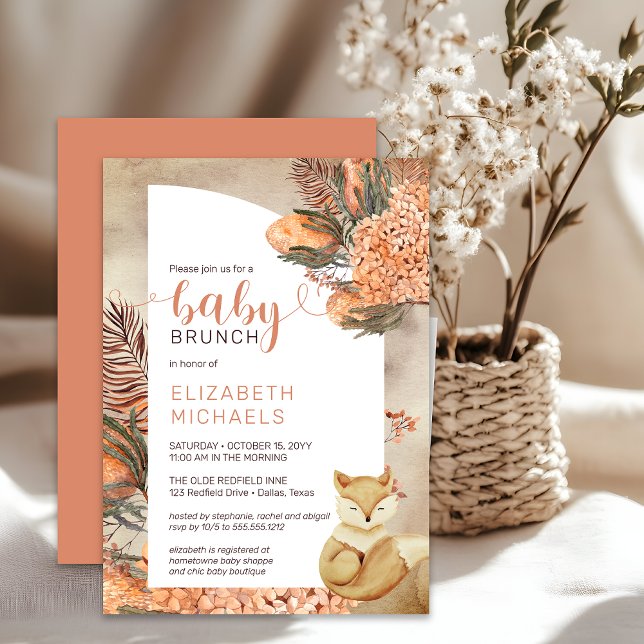 Invitation Boho Palm Feuilles Hydrangeas Fille Bébé Brunch (Boho Palm Leaves and Hydrangeas Sleeping Fox Girl Baby Brunch Shower Invitation - Print | Digital)