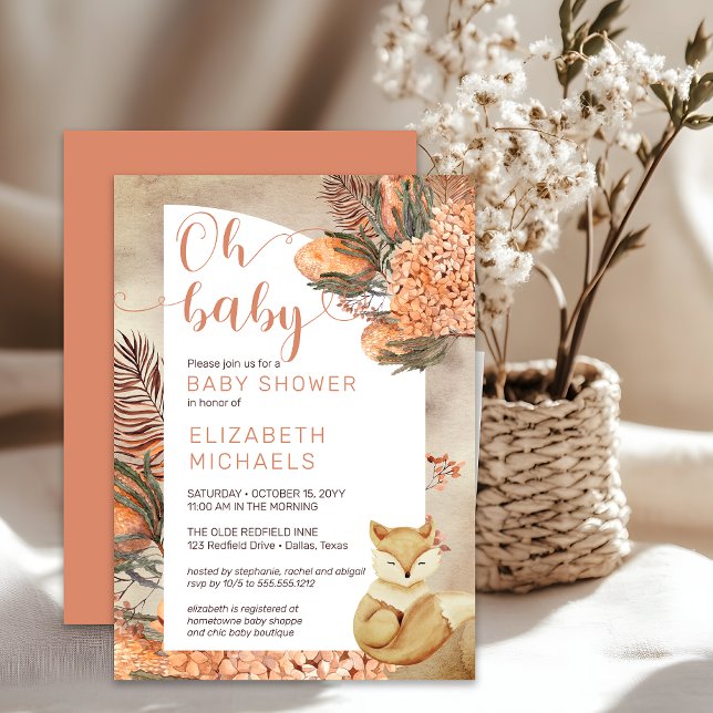 Invitation Boho Palm Feuilles Hydrangeas Fox Oh Baby shower (Boho Palm Leaves and Hydrangeas Sleeping Fox "Oh Baby" Girl Baby Shower Invitation - Print | Digital)