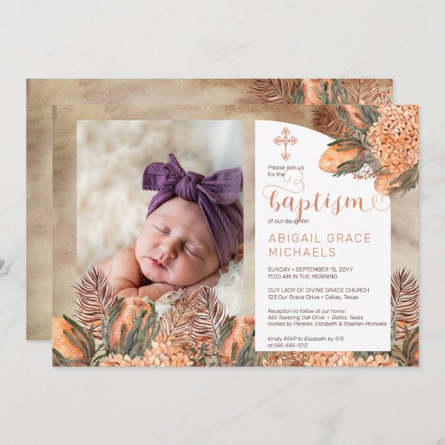 Invitation Boho Palm Feuilles Hydrangeas Girl Photo Baptême D (Devant / Derrière)