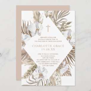 Invitation Boho Palm Floral Baptême rose Terracotta