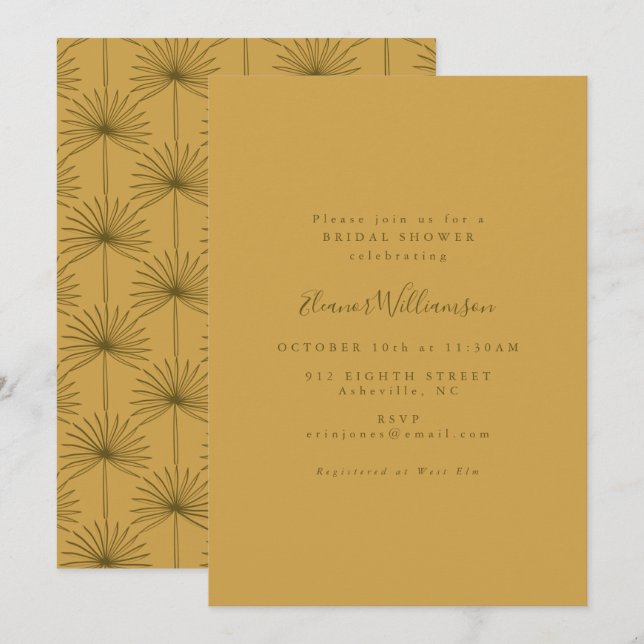 Invitation Boho Palm Leaf Botanique Jaune Baby Shower de Mari (Devant / Derrière)