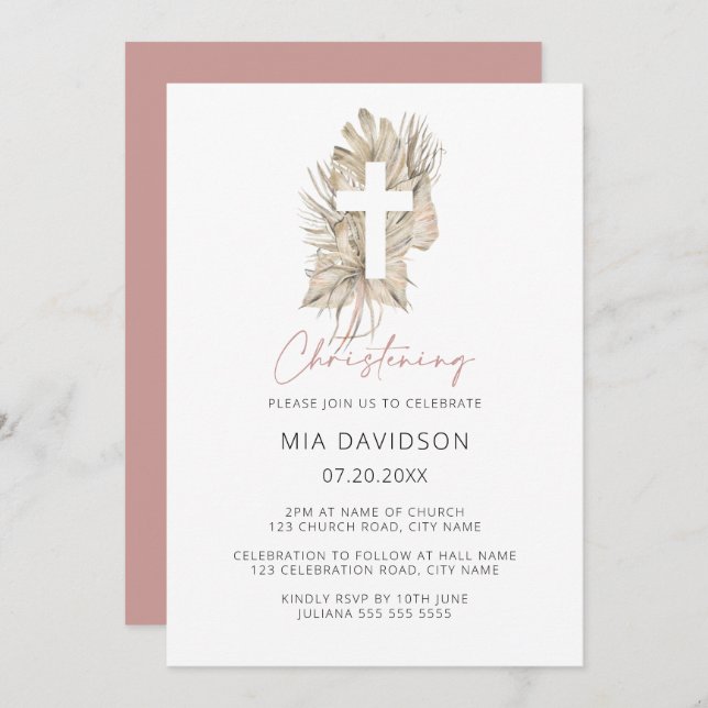 Invitation Boho Palm rose Aquarelle Floral Cross Christening (Devant / Derrière)