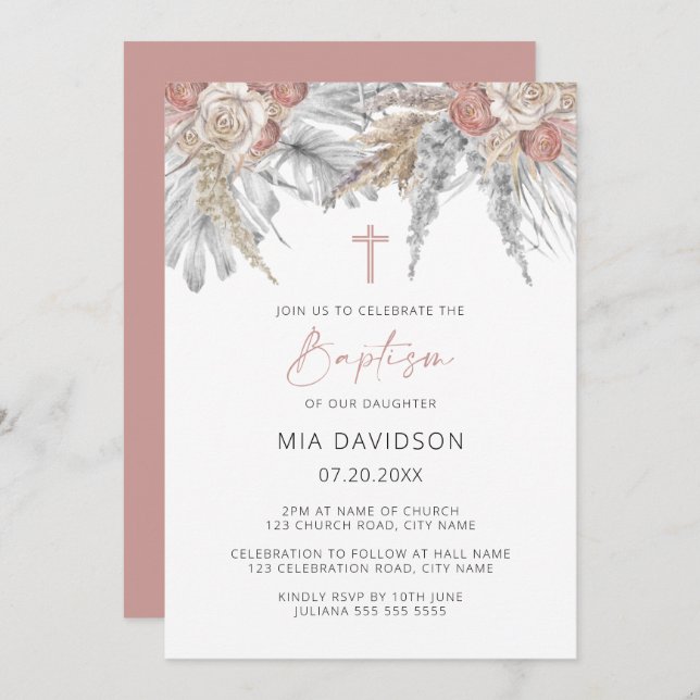 Invitation Boho Palm rose Pampas Grass Floral Baptême (Devant / Derrière)