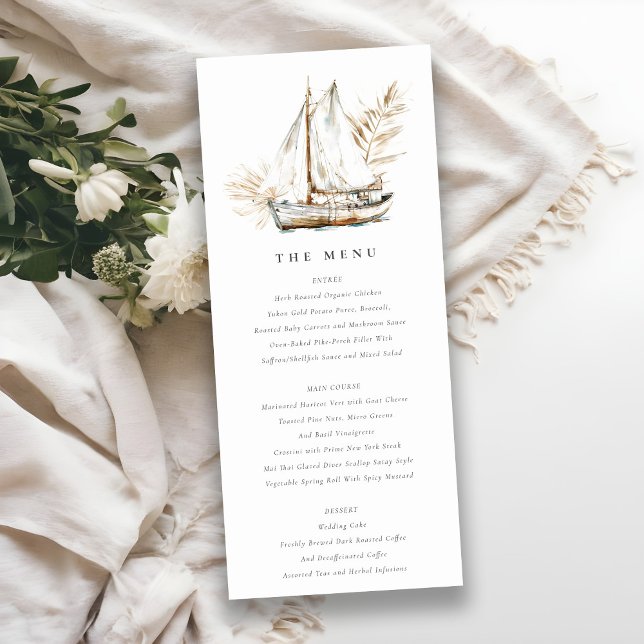 Invitation Boho Palm Sailboat Seascape Mariage Menu Card (Créateur téléchargé)