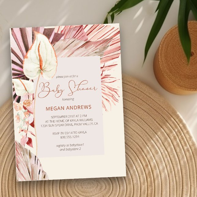 Invitation Boho Palm Séché Foliage Baby shower neutre (Neutral Baby Shower Invitation with boho palm leaves)